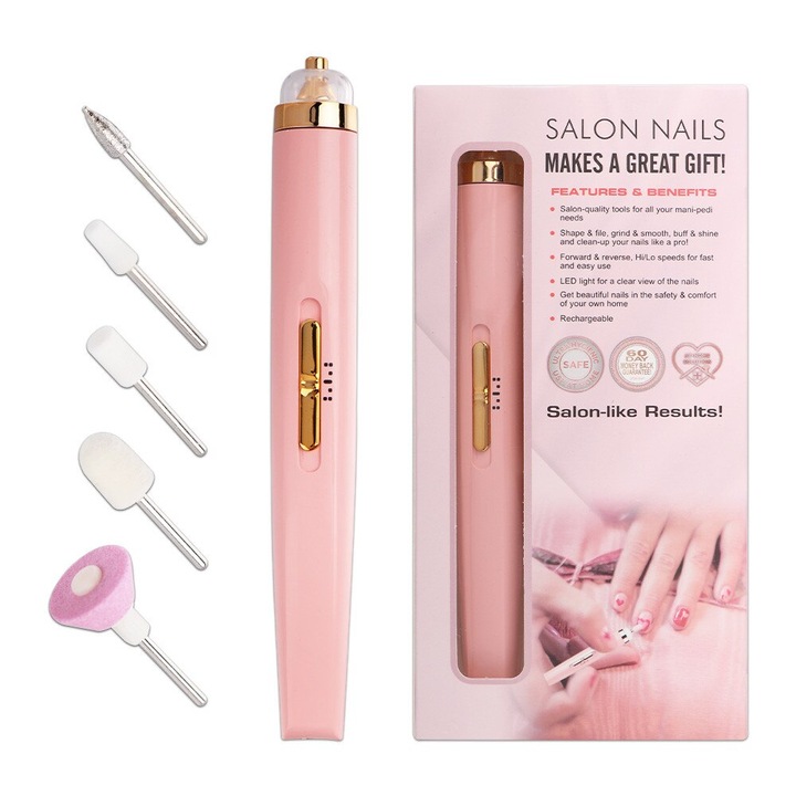 Пила за нокти RoveRim, розова, с акумулатор, 5 глави, USB за маникюр и педикюр