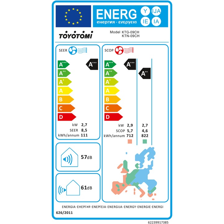 Aparat de aer conditionat Toyotomi-Japan 9000 BTU Wi-Fi, Clasa A+++/A+++, Active Carbon, Filtru HEPA 3PLUS, Biology Sterilization, functie sterilizare Self Clean la 56 grade C, autocuratare, KTN-09CH/KTG-09CH, alb