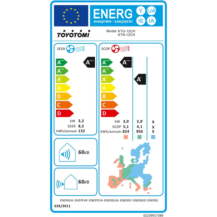 Aparat de aer conditionat Toyotomi-Japan 12000 BTU Wi-Fi, Clasa A+++/A+++, Active Carbon, Filtru HEPA 3PLUS, Biology Sterilization, functie sterilizare Self Clean la 56 grade C, autocuratare, KTN-12CH/KTG-12CH, alb