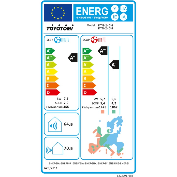 Aparat de aer conditionat Toyotomi-Japan 24000 BTU Wi-Fi, Clasa A+++/A+++, Active Carbon, Filtru HEPA 3PLUS, Biology Sterilization, functie sterilizare Self Clean la 56 grade C, autocuratare, KTN-24CH/KTG-24CH, alb