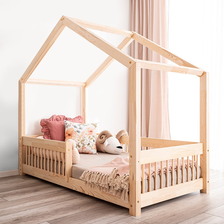 Легло Монтесори LittleAmy, Cozi Cottage, естествен бор, парапети с кръгли решетки, 120 х 200 см