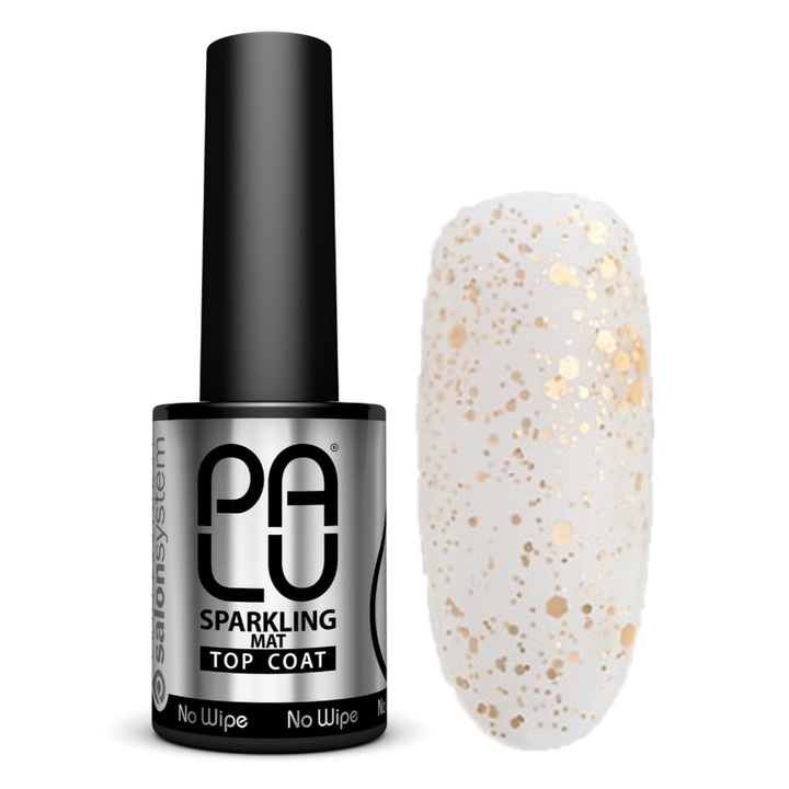 Fedőlakk körömkezelés, PALU Top Sparkling Matt No Wipe, átlátszó arany részecskékkel, 11g