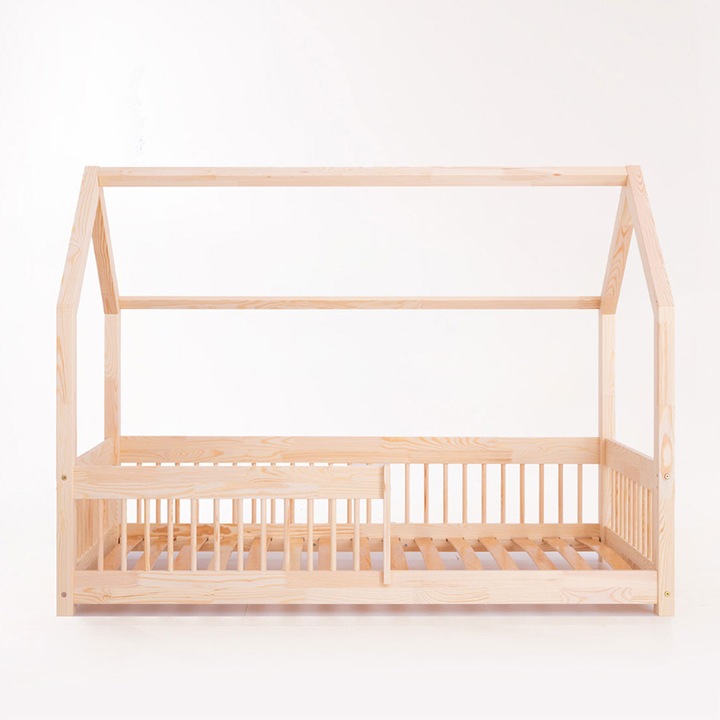 Легло Монтесори LittleAmy, Angel Nest, естествен бор, парапети с кръгли решетки, 80 х 160 см