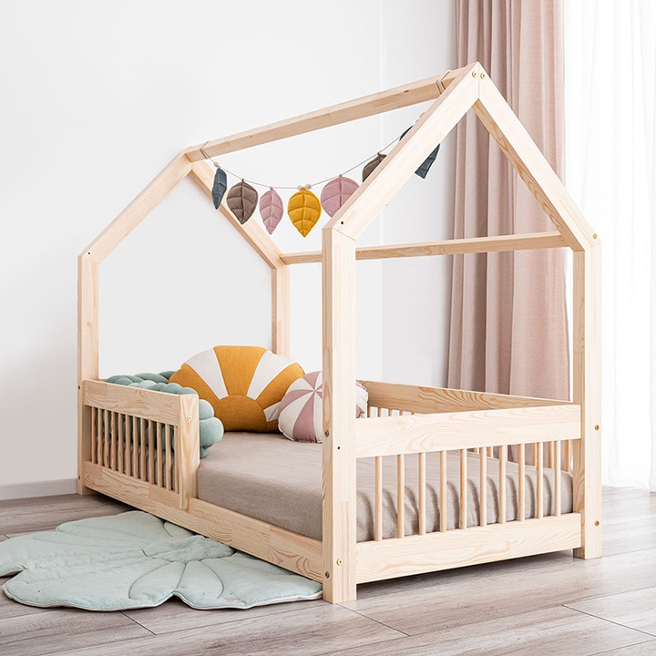 Легло Монтесори Little Amy, Angel Nest, естествен бор, парапети с кръгли решетки, 70 х 140 см