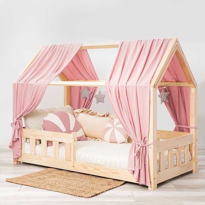 Легло Монтесори Little Amy, Angel Nest, естествен бор, парапети с плоски решетки, 70 х 140 см