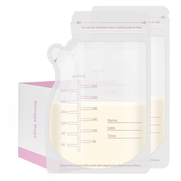 Pungi de depozitare a laptelui matern, Set 100 Buc., Capacitate 250 ml, Pre-sterilizate igienic, Turnare usoara, Profil aplatizat pentru depozitare usoara, Ideal pentru congelare si refrigerare, Versatyx