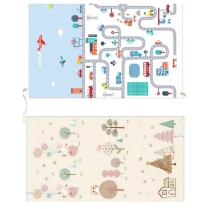 Двустранна термична детска подложка за игра, Flippy, модел на лисица и автомобилна писта, с пяна, водоустойчива, неплъзгаща се, 200 cm x 160 cm x 0,6 cm бежово