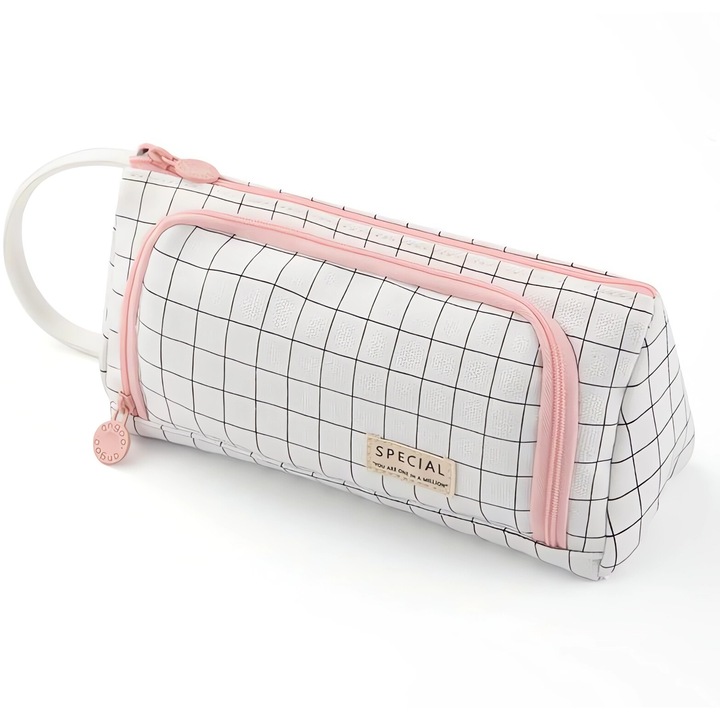 Моливник, Changdi, уникален дизайн, голям капацитет, 2 вътрешни джоба, бяло каре, 21x11,5x8 cm