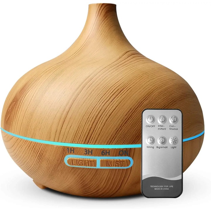Difuzor Aromaterapie cu Telecomanda, LED 7 culori, silentios, 500 ml, temporizator, Stejar deschis