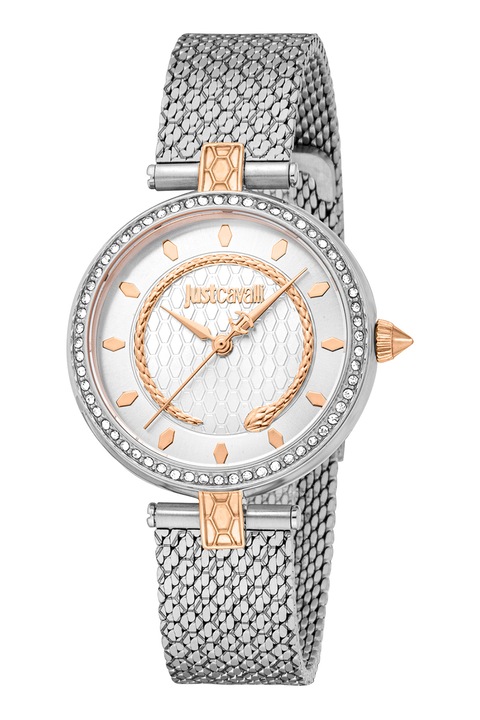 JUST CAVALLI, Аналогов часовник с кристали, Rose Gold, Сребрист