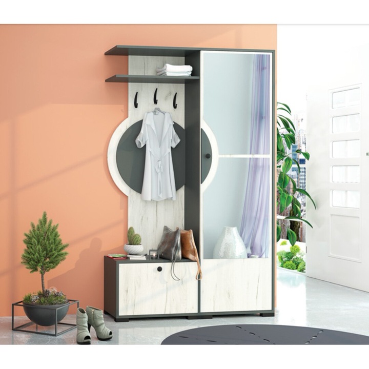 Előszoba bútorgarnitúra, antracit/csendesszürke, fehér, modern és elegáns design, tükörrel, 115x187x30 cm, hangtalanul záródó ajtók, akasztós tartóval, Bortis
