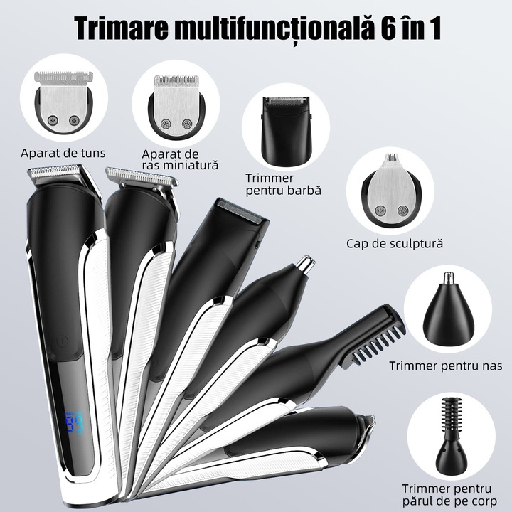 Masina de tuns profesionala, Qtenzivize, Multifunctionala 6 in 1, cu 16 piese, pentru tuns parul, barba, mustata, nasul, urechile si corpul, Aparat de tuns reincarcabil, Afisaj LED, 7500 rpm, Negru alb