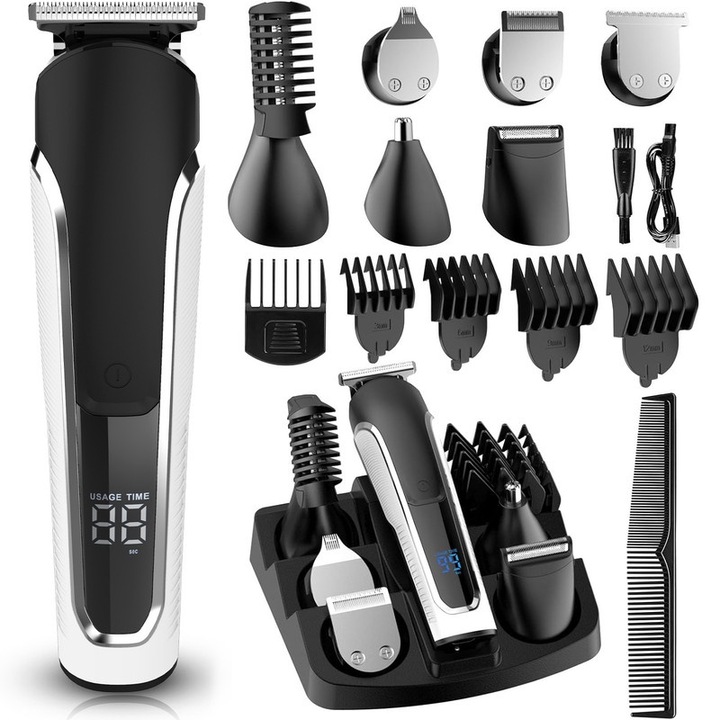 Masina de tuns profesionala, Qtenzivize, Multifunctionala 6 in 1, cu 16 piese, pentru tuns parul, barba, mustata, nasul, urechile si corpul, Aparat de tuns reincarcabil, Afisaj LED, 7500 rpm, Negru alb