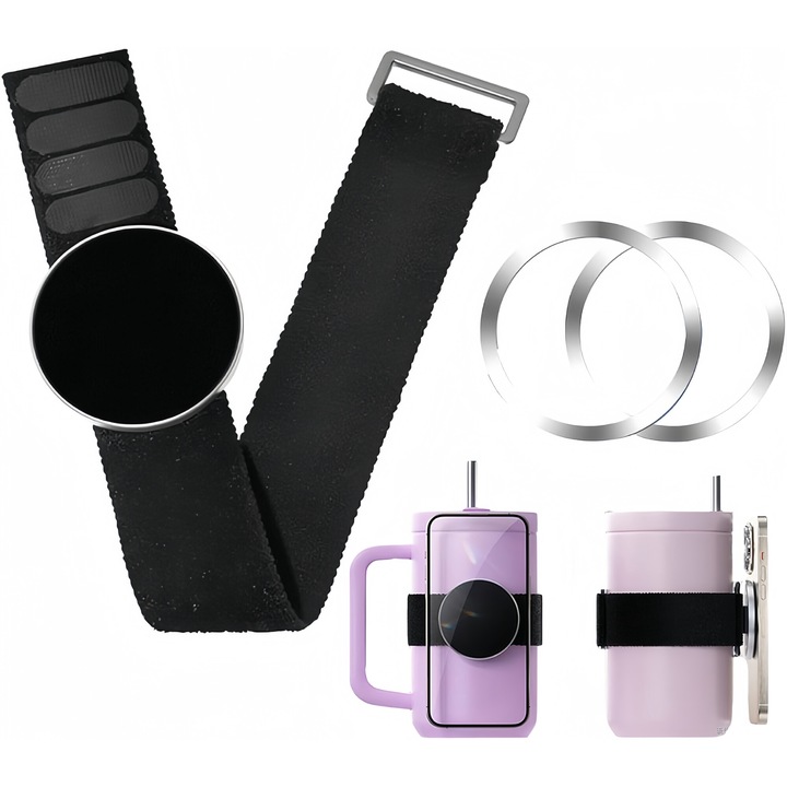 Suport telefon pentru termos, Stanley，compatibil MagSafe, Echipat cu 2* placute metalice rotunde, Suport sticle de apa cu inel metalic, Compatibil Apple si Android, negru