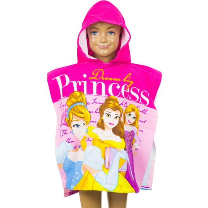 Prosop poncho poliester uscare rapida, Printesele Disney, 50x100 cm 120 x 60 cm Fucsia