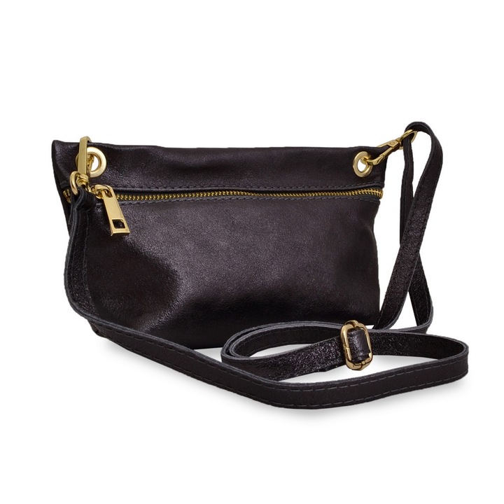 Geanta casual Flora, de dama, piele naturala, marime 22x11x7 cm, culoare gri metalic