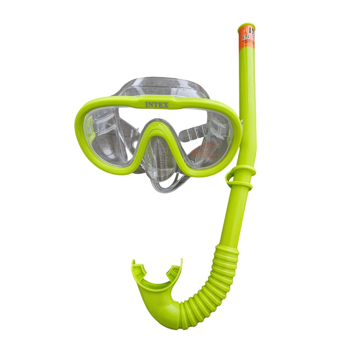 Set ochelari de inot pentru copii, INTEX, verde, cu protectie pentru nas, curea reglabila din silicon, lentile transparente, tub respiratie