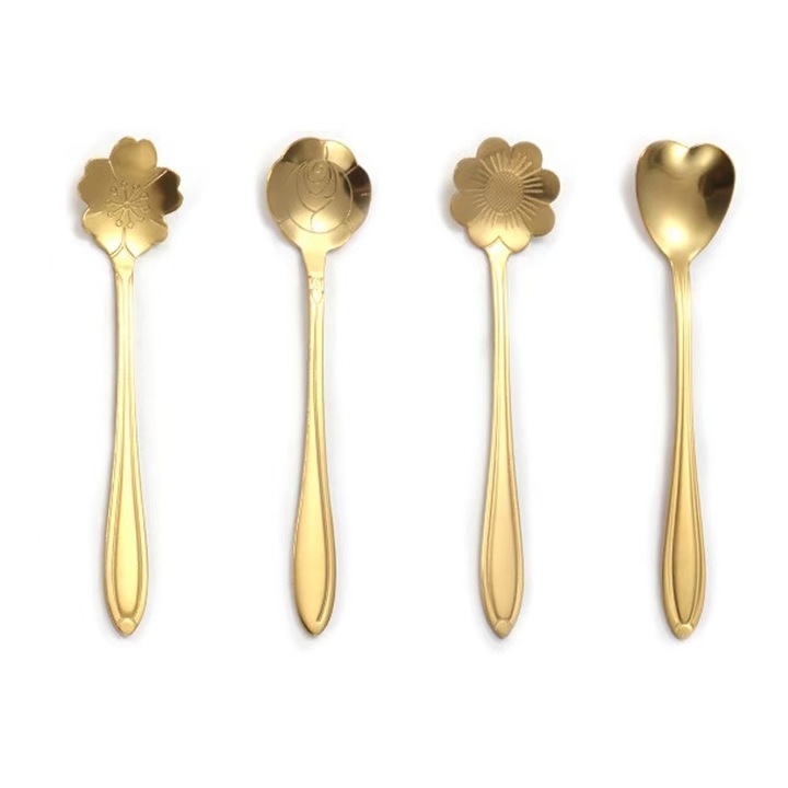 4 teáskanál virágmintás készlet, rozsdamentes acél, arany, 12,5x2,5 cm