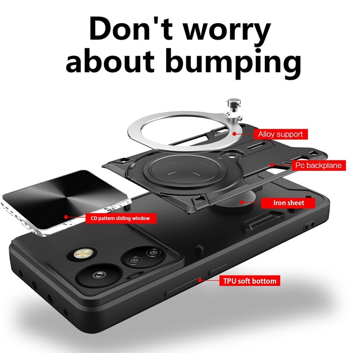 Telefontok, kompatibilis Xiaomi Redmi 13C 4G/Poco C65, CamGuard Pro, X71, alumínium, fekete