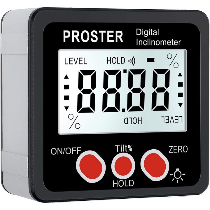 Digitális dőlésmérő, KkvoGmle, Mágneses talp, Megvilágított LCD képernyő, 0-90°, Fekete/Szürke