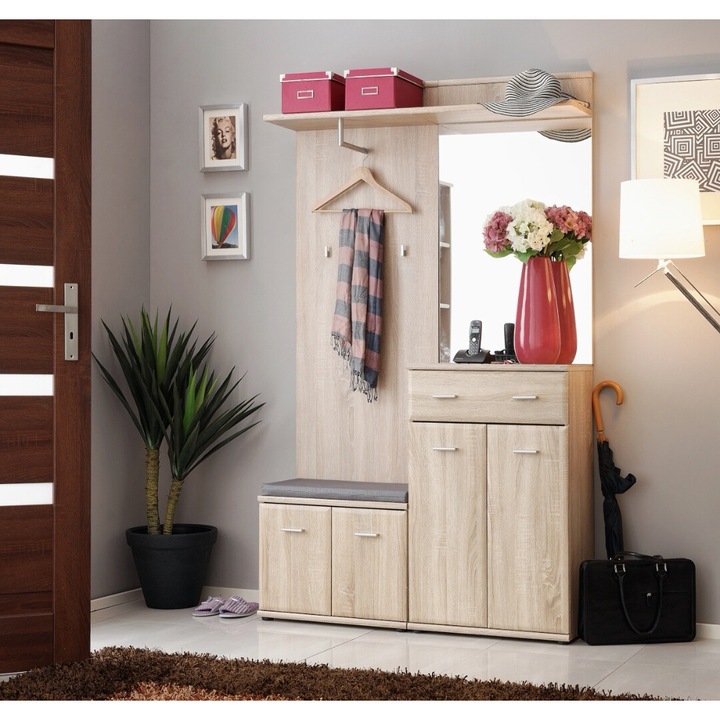 Cuier cu pantofar, oglinda si perna inclusa, stejar sonoma, usi pvc infoliate, trei usi, bancuta, design modern, 120 cm lungime x 203 cm inaltime x 32 cm adancime, hol