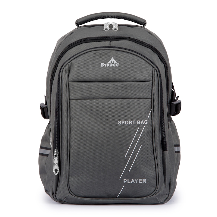 Rucsac scolar, Bivacc, Material: Poliester OXFORD 600D, Impermeabil, 3 compartimente externe, 1 compartiment intern, 3 buzunare, port USB si JACK, Gri