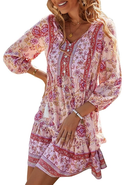 Бохо рокля за плажа или улицата, 3/4 ръкав, Къса, Розова, L