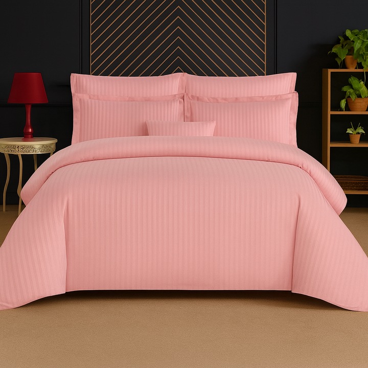 Lenjerie de pat Matrimonial Tip Damasc, 6 piese, Cearceaf de pat cu elastic 180 x 200 cm, Cearceaf pilota cu fermoar 200 x 230 cm, 4 fete de perna, Roz -CELhome-