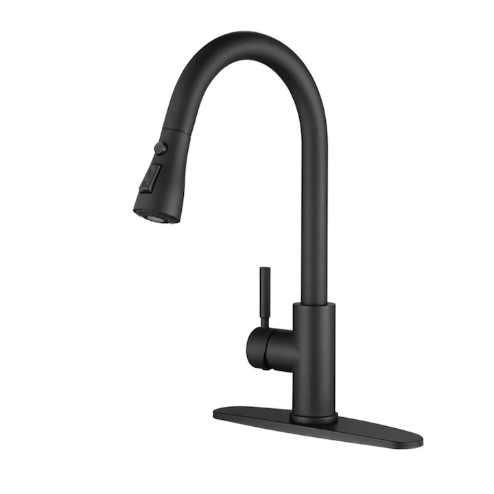 Konyhai mosogató csaptelep, rozsdamentes acél 304, 3 féle fúvóka, 360°-os elforgatás, visszahúzható fogantyú 60cm, matt fekete