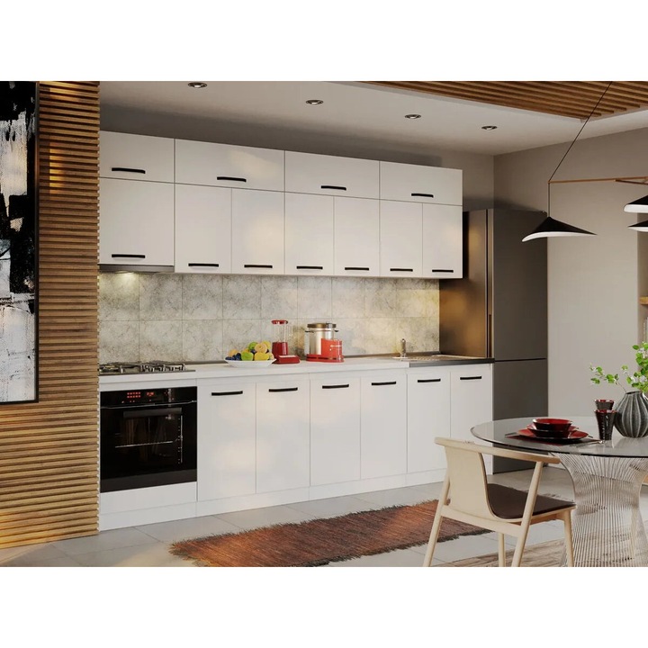 Set Mobila Bucatarie, Fog, 24, Alba, 300 cm, plus Chiuveta, Pal Melaminat