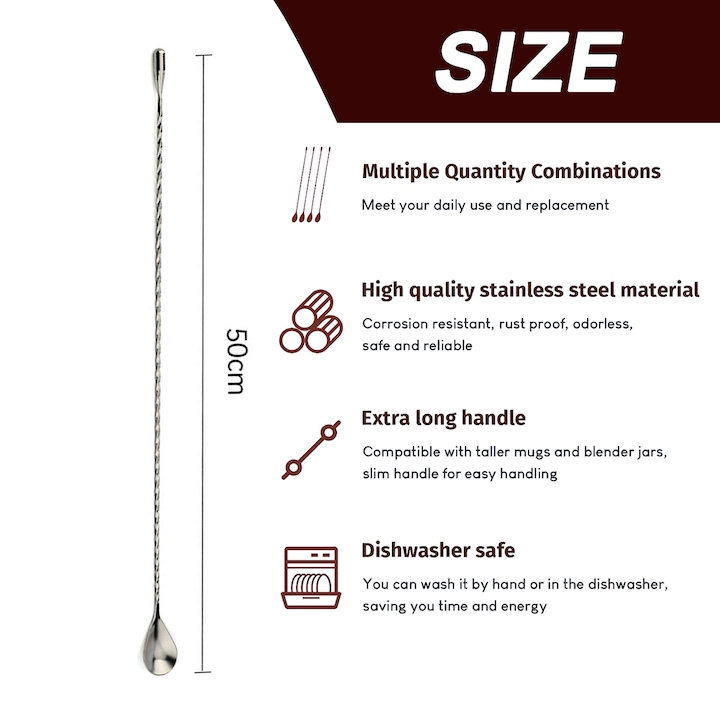 Set lingurite de bar, 2buc, Inox, Argintiu, 500x28mm