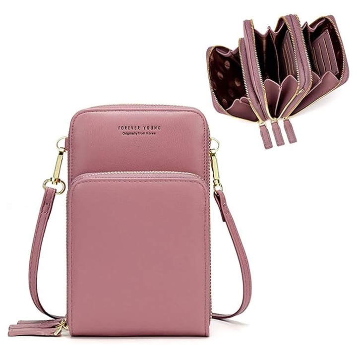 Jormftte keresztpántos telefontáska, rózsaszín, multifunkcionális kialakítás, 3 cipzáras zseb