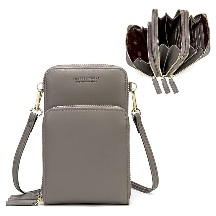 Jormftte telefontartó crossbody táska, szürke, multifunkcionális kialakítás, 3 cipzáras zseb, műbőr