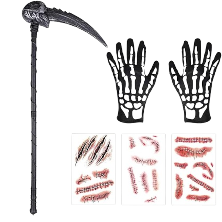 Accesorii pentru Halloween, BARVERE, Set cu tatuaje, coasa cu craniu si manusi cu schelet, tinuta cosplay Grim Reaper, costumatie, bal mascat, Negru