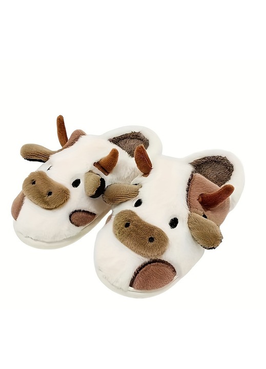 Papuci KLKIT, design vaca desen animat, interior pufos, antiderapant, maro, 36-37