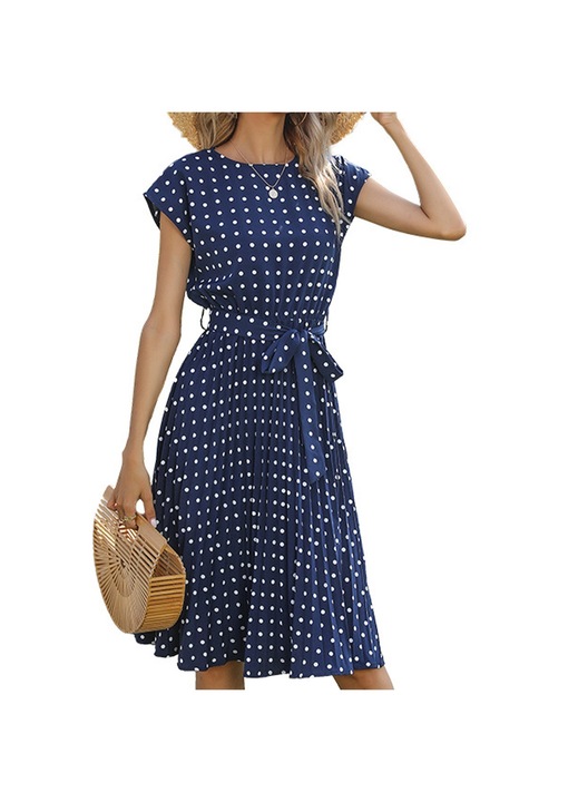 Női ruha Jormftte A-vonalú, pöttyös kék, rövid ujjú, kerek nyakú, pliszírozott