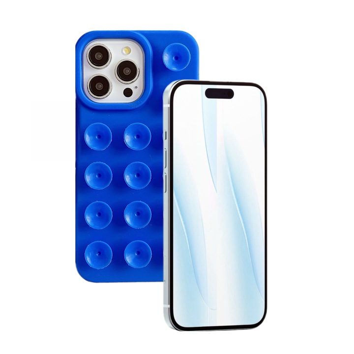 Калъф FanFox™ за iPhone 15 Pro, Има вендузи на повърхността, Син, лесно се прикрепя към плоски повърхности, първокласен мек силикон