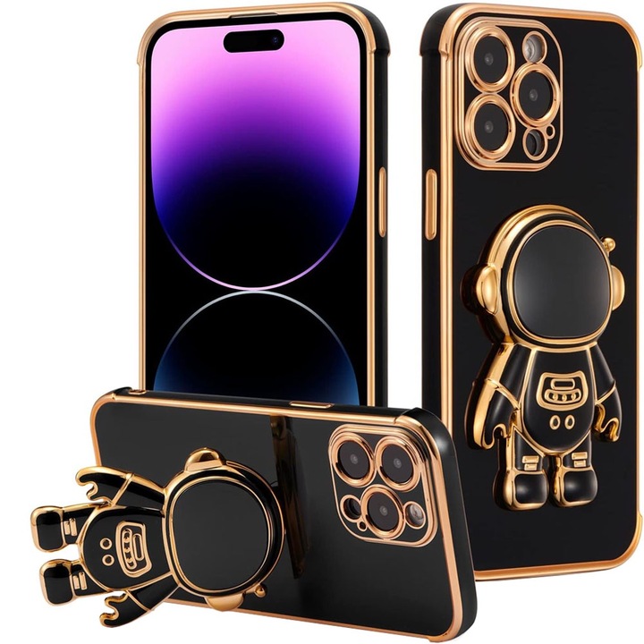 Husa telefon compatibila cu iPhone 15 Pro Max, Suport tip Astronaut 3D, Protectie camere, Margini Ridicate pentru Protectia Ecranului, Accente aurii, Negru