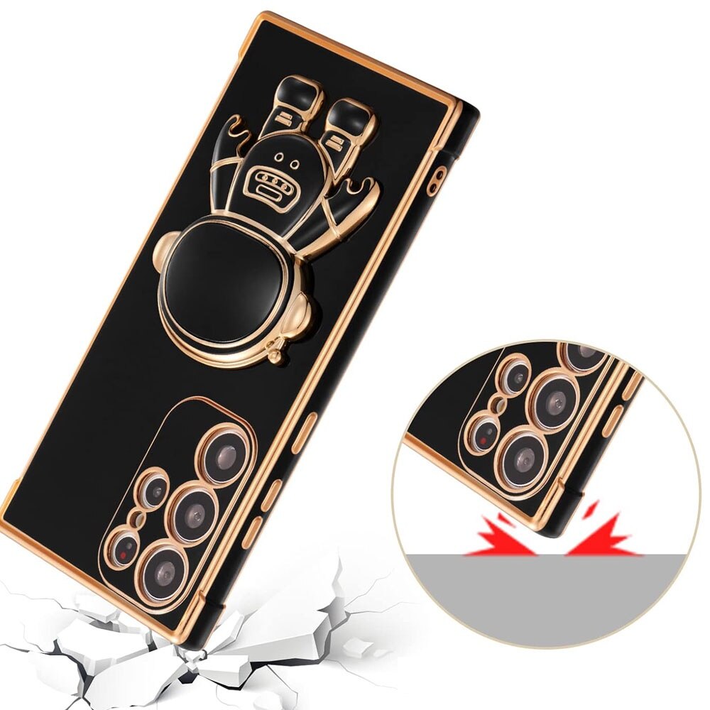 Husa telefon compatibila cu Samsung Galaxy S24 Ultra, Suport tip Astronaut 3D, Protectie camere, Margini Ridicate pentru Protectia Ecranului, Accente aurii, Negru