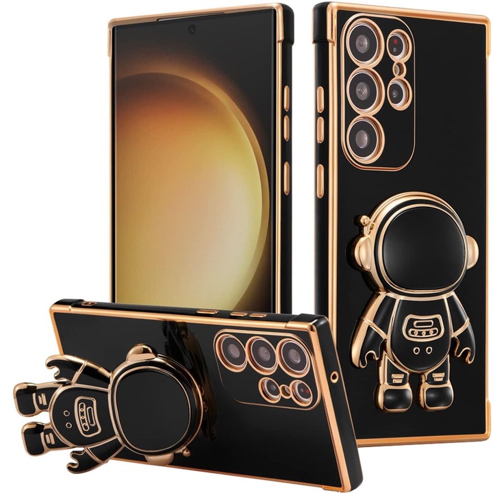 Husa telefon compatibila cu Samsung Galaxy S24 Ultra, Suport tip Astronaut 3D, Protectie camere, Margini Ridicate pentru Protectia Ecranului, Accente aurii, Negru