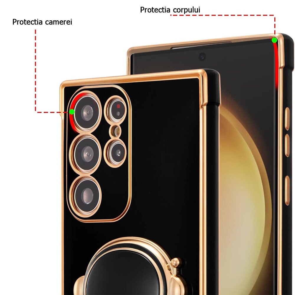 Husa telefon compatibila cu Samsung Galaxy S24 Ultra, Suport tip Astronaut 3D, Protectie camere, Margini Ridicate pentru Protectia Ecranului, Accente aurii, Negru