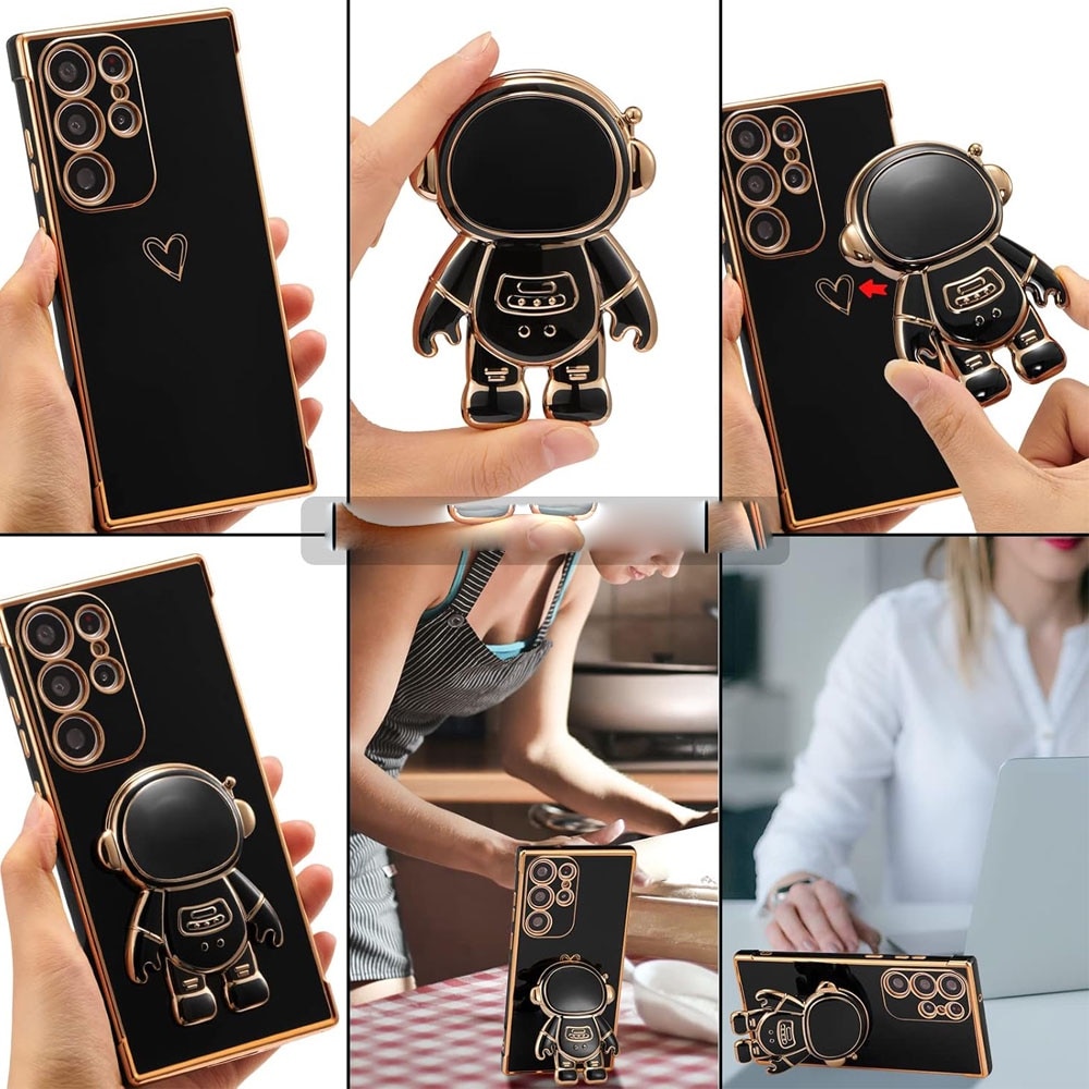 Husa telefon compatibila cu Samsung Galaxy S24 Ultra, Suport tip Astronaut 3D, Protectie camere, Margini Ridicate pentru Protectia Ecranului, Accente aurii, Negru
