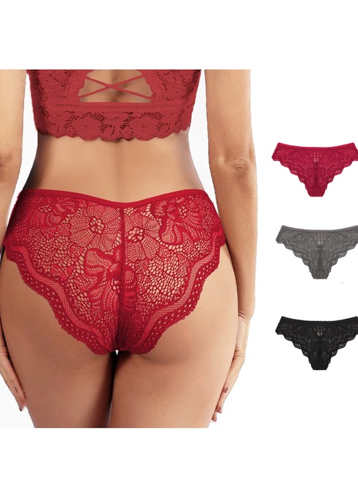 3 db-os KLKIT bugyi szett, csipkés, kényelmes, fekete+szürke+piros, L