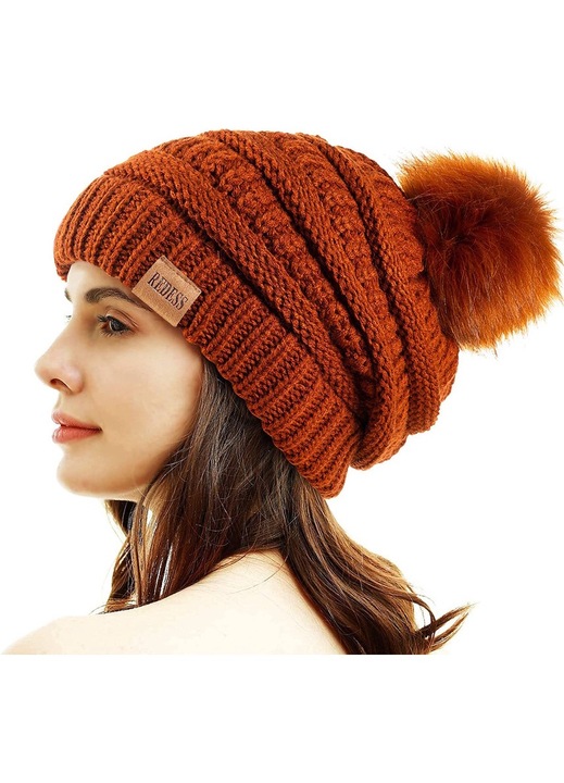 Redess téli sapka, polár bélés, pompon, barna, egy méret