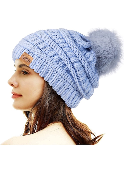 Redess téli sapka, mandzsetta kivitelben, pompon, polár bélés, világoskék, univerzális