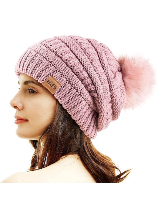 Redess téli sapka, mandzsetta kivitelben, pompon, polár bélés, rózsaszín, univerzális