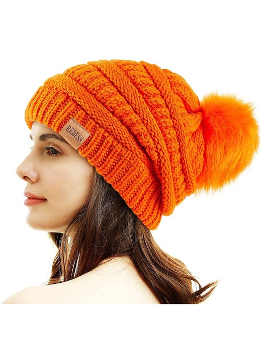 Redess téli sapka, polár bélés, pompon, narancssárga, egy méret