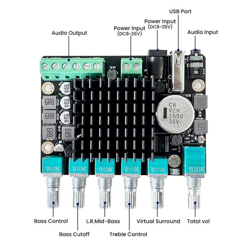 Amplificatore 2.1 Canali 2x50W +100W Subwoofer - Scheda Con Bluetooth 5.0 E AUX, Chip TPA3116 - Foto 11