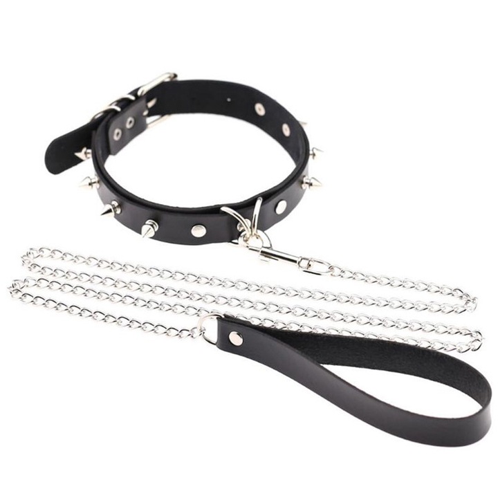 Set BDSM Fetish Tentation, Obroza cu Tepi si Lesa Reglabila, Negru, 40x2.5cm, Lesa 130cm