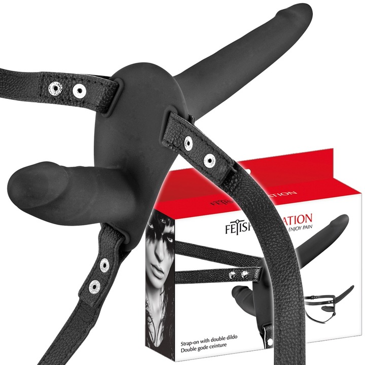 Set Strap-on cu Dublu Dildo, Fetish Tentation, silicon si eco-piele, negru, 14cm x 2-3.5cm, 8cm x 3-3.5cm